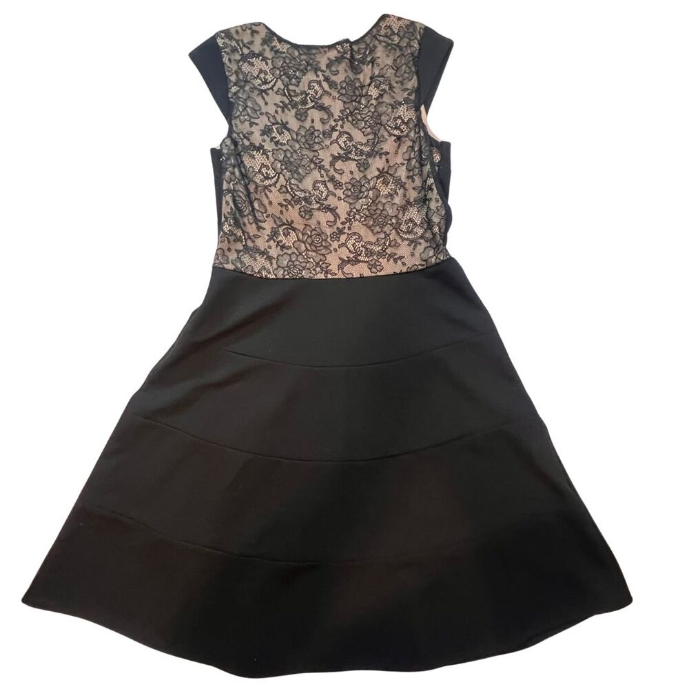 Betsy Johnson Cocktail Dress 10 Black Floral Lace Cap Sleeve Asymmetrical Flare - Picture 2 of 11